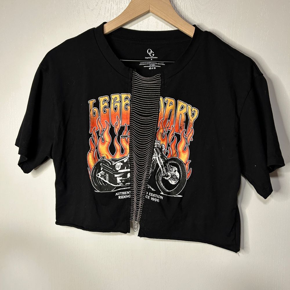 Vintage Style Motorcycle Crop Top 'Legendary' Graphic Flames Biker T-Shirt